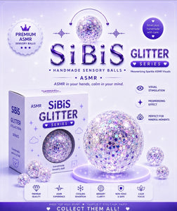 SIBIS Glitter Series sensory balls packaging with a glittery ball on a colorful backgrounds