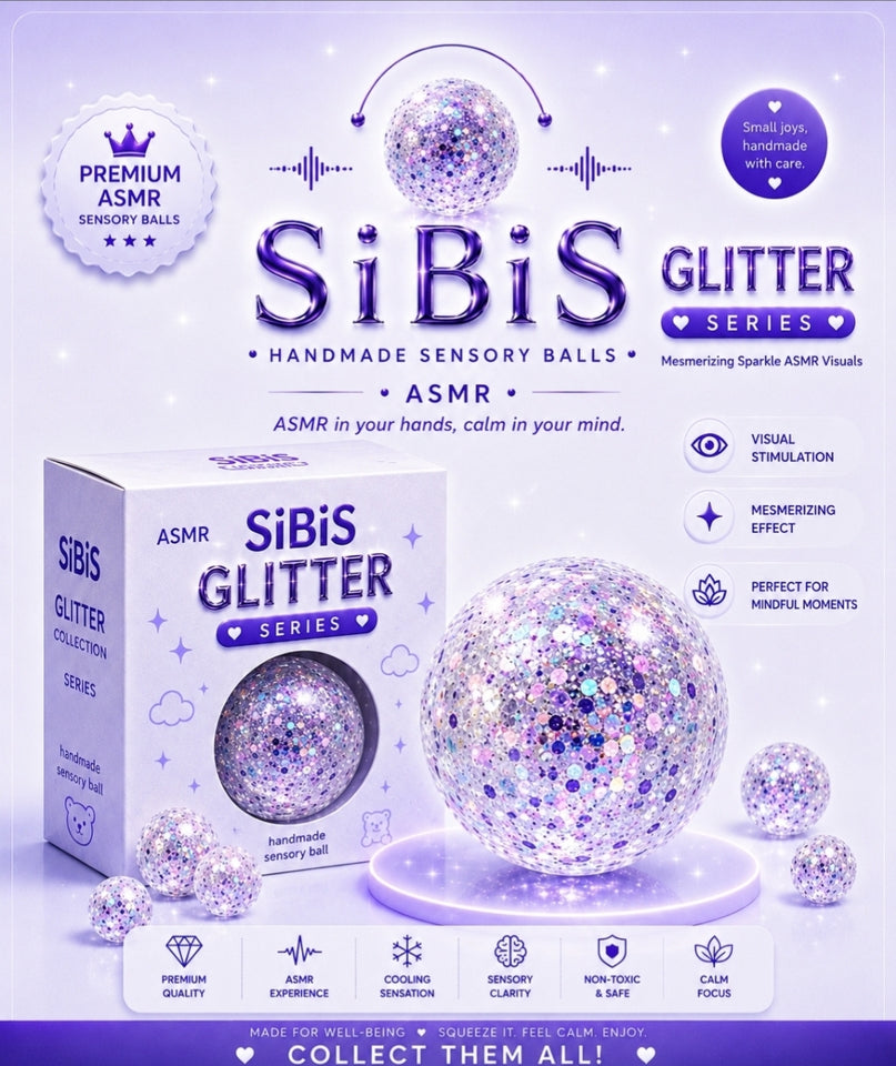 SIBIS Glitter Series sensory balls packaging with a glittery ball on a colorful backgrounds