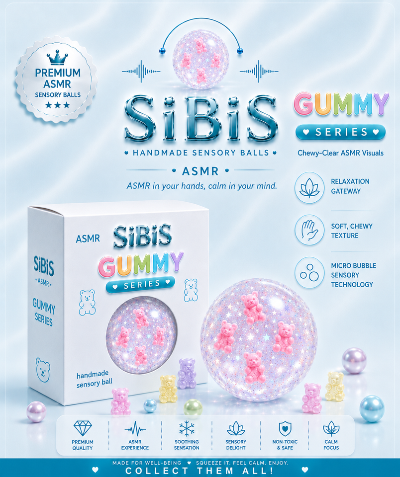 SIBIS Gummy Series sensory balls packaging with gummy product charms and features on a light pastel background.