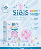 SIBIS Gummy Series sensory balls packaging with gummy product charms and features on a light pastel background.